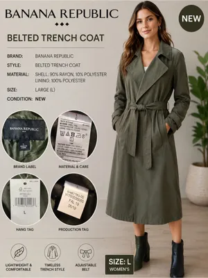 New BANANA REPUBLIC Trench Coat Olive Green Length 38 inches Size L Large Tie thumbnail 2