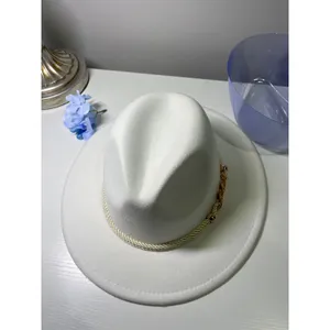 White Wide Brim Fedora Hat Rose Gold Chain Link Rope‎ Band Cotton Blend thumbnail 2