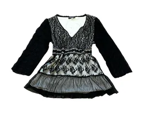 Vintage Black Lace Mesh Babydoll Top Sheer Sleeves Tie Back Y2K Goth Dark Fairy thumbnail 1