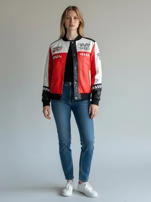 Red and White Racing Bomber Jacket with Checkered Details thumbnail 2