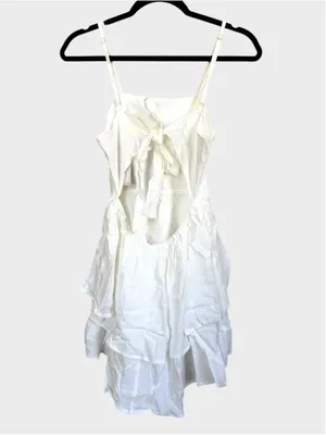Size S Halara 100% Cotton Tie Back Ruffled Tiered Mini Dress White thumbnail 2