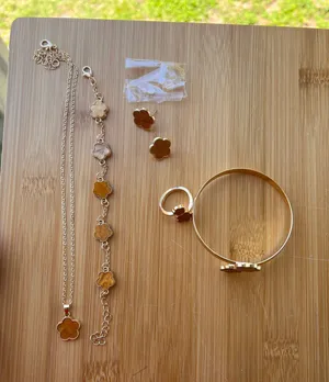 Gold & Brown Clover Flower Jewelry Set - Necklace, Bracelet, Ring, Earrings thumbnail 1