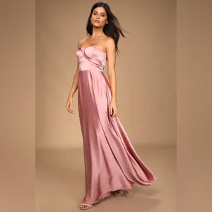 Lulus Maxi Dress Real Romantic Light Rose Pink Satin Strapless Flowy Size S thumbnail 16
