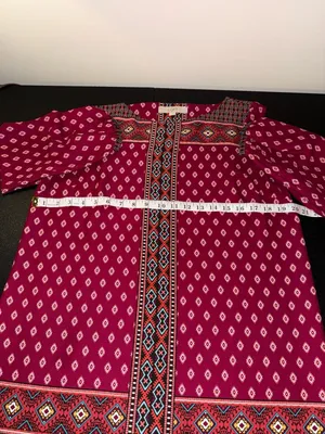 LOFT Women Magenta Red Geometric Print Boho Shift Dress Size Small thumbnail 4
