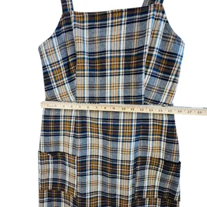 American Eagle Plaid Pinafore Dress Made‎ in Italy Brown Navy Sz M Pockets Mini thumbnail 6