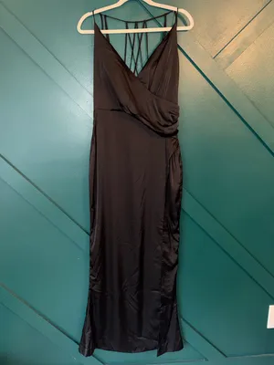 Aliava Marlyn Strappy Satin Evening Gown Prom Cage Back Thigh High Side Slit thumbnail 3
