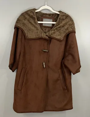 Zara Basic Womens Faux Suede Sherpa lined Hooded Trench Coat Size M 1/2 Sleeve thumbnail 1