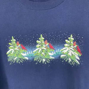 Vintage Jerzees Navy Blue Cardinal Birds Christmas Trees Crewneck Sweatshirt XL thumbnail 3