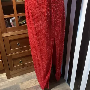 Sexy Retro Vintage 90s Red Sequin Floor Length Formal Gown Halter Neck Leg Slit thumbnail 3