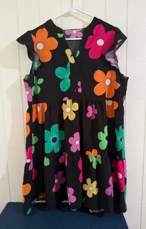 Women XL Black Floral Flutter Sleeve Tiered Babydoll Mini Dress V-Neck thumbnail 1