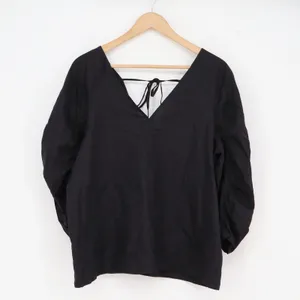 LOFT Blouse Women's L Black Puff Ruched Sleeve Tie Back New thumbnail 2