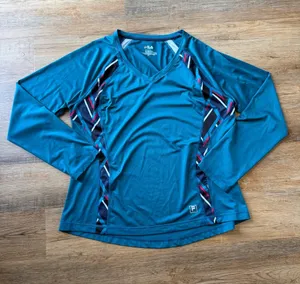 Fila Women's Teal Long-Sleeve V-Neck Performance Top with Patterned Side Panels thumbnail 1