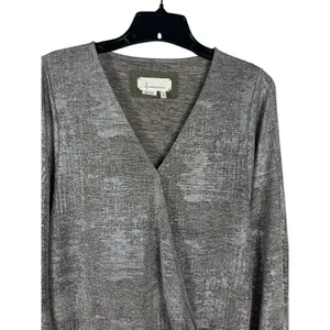 Anthropologie Silver Metallic Faux Wrap Blouse Long Sleeve Shimmer Top XS Party thumbnail 2