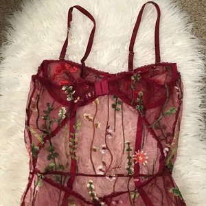 NEW IN PACKAGE! Wine velvet, sheer, embroidered, under wire‎ body suit thumbnail 7