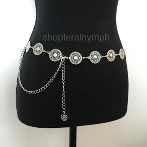 Vintage Y2K Boho Silver Mandala Circle Chain Belt, Fits 26.5–46 Inches, X7GA1166 thumbnail 2