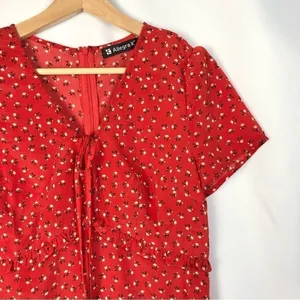 Allegra K Cherry Red Floral‎ Ruffle Trim Short Sleeve Mini Dress S thumbnail 4