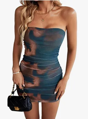 Women's Strapless Ruched Mini Dress, Lined Print Mesh thumbnail 1