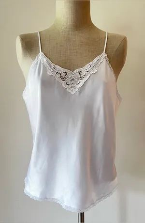 Vintage body chic White Lace Trim bejeweled pearl detail Satin Camisole thumbnail 1