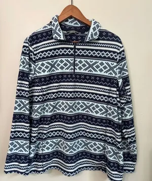 Lands End Fleece Pullover Womens XL Blue Fair Isle Quarter Zip Mock Neck Top thumbnail 1