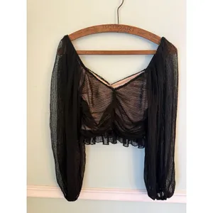 Meraki Top Witchy Sz M Mesh Balloon‎ Sleeve Ruched Crop Sweetheart Gothic Goth thumbnail 6
