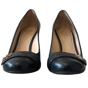 Tory Burch Marion Quilted Leather Wedge Pumps Black Gold Logo Size 8.5 thumbnail 3
