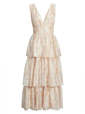 Lulus Vallia Tiered Maxi Dress Blush Floral $148 Small Dreamy Fairytale Wedding thumbnail 6