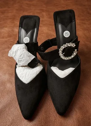 Women's Black Suede Pointed Toe Mule Heels with Rhinestone Buckle Strap thumbnail 1