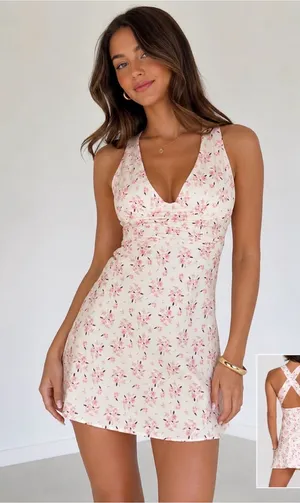 NWT Princess Polly Creamy White Floral Mini Dress with Pink Blossoms thumbnail 1