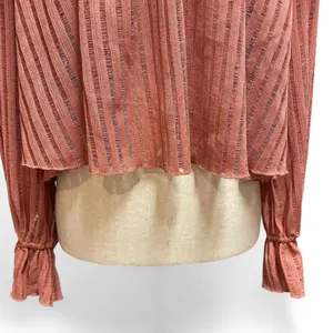 By Anthropologie Long-Sleeve Sheer‎ Striped Crop Blouse Rose Pink Off Shoulder thumbnail 4