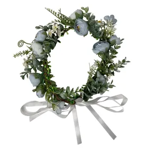 Dusty Blue Floral Crown Flower Halo Adjustable Ribbon Wedding Festival Boho‎ thumbnail 1