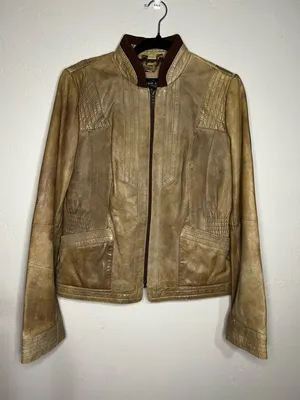 Black Rivet Woman’s Vintage Tan‎ Leather Elbow Patches Zipper Wrists Jacket thumbnail 2