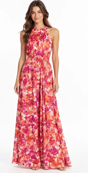 Petal & Pup Pink Orange Floral Halter Maxi Dress Size Medium NWT thumbnail 1
