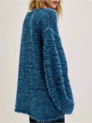 Free People $168 Sparrow Pullover V-Neck Fuzzy Blue Sweater Slouchy Oversized S thumbnail 3