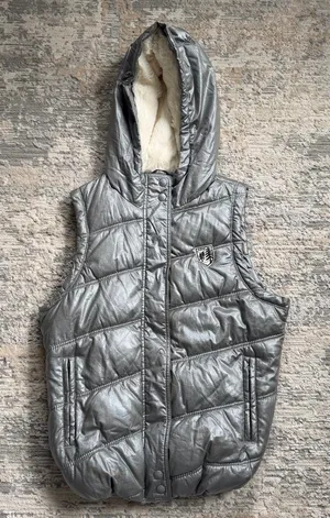 Y2K American Eagle Outfitters shiny metallic silver puffer vest faux fur hood thumbnail 1