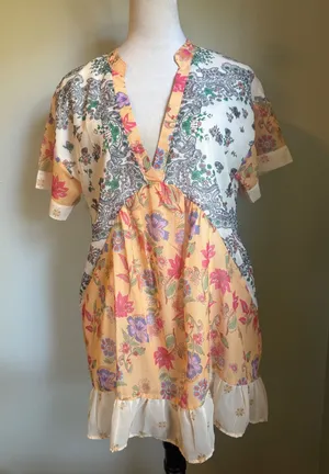 Floral Paisley Patchwork Ruffle Mini Dress Orange Sm boho‎ whimsi dainty cottage thumbnail 1