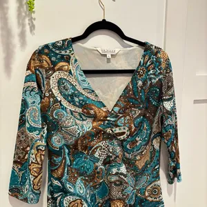 Uniform John Paul Richard Blue Brown Paisley Sequins Y2K Euro V-Neck Babydoll L thumbnail 3