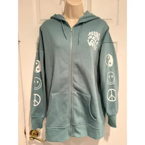 Forever 21 More Self Love Zip Hoodie Women's S Teal Green Fleece Oversized Cozy‎ thumbnail 2