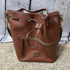 Dooney & Bourke saffiano Brown Leather Drawstring Bucket Bag thumbnail 1