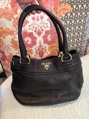 PRADA BR4393 Vitello Daino Leather East West Tote Black Gold 2-Way Bag thumbnail 1