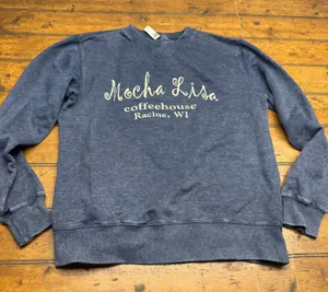 Mocha Lisa‎ Coffeehouse Racine WI Pullover Sweatshirt Blue Crewneck M thumbnail 1