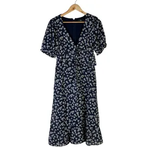 Lulus Anything Lovelier Navy Blue Floral Print Tiered Midi Dress Coastal Size S thumbnail 2