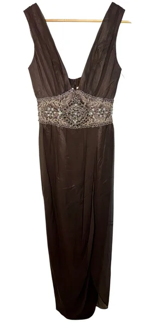 NWT Mandalay Brown Silk Beaded Embellished Maxi Long Gown Evening Dress Size 4 thumbnail 1