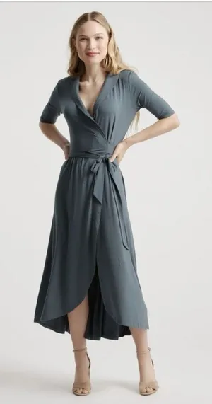 Quince Tencel Jersey Midi Wrap Dress Dark Olive Green Size L thumbnail 1