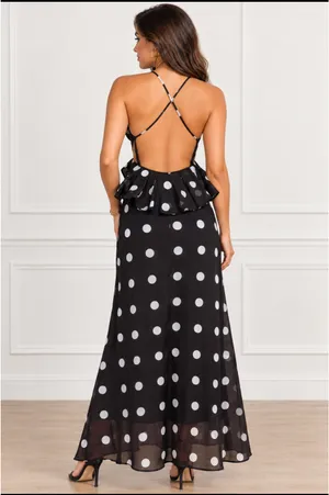 Fancy Halter Ruffle Polka Dot Maxi Dress thumbnail 3