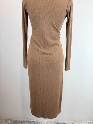 Lucca Brown Ribbed Long Sleeve Button-Down Midi Dress With Collared Neckline S thumbnail 10