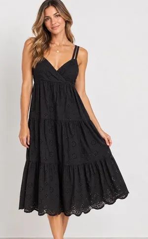 Zara Black Cotton Eyelet Embroidery Tiered Midi Dress Small Smocked Back Strappy thumbnail 1