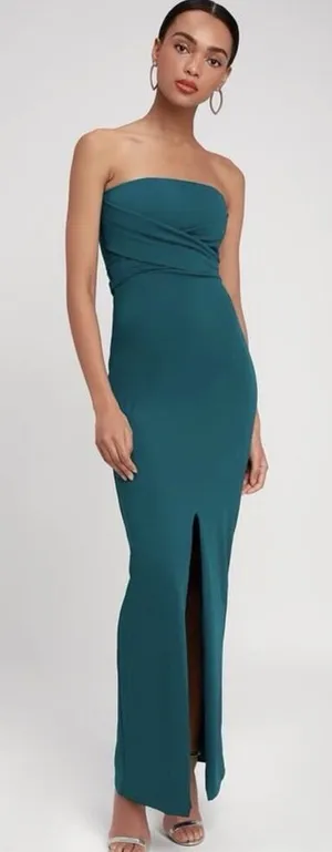 Lulus Teal Blue Strapless Maxi Dress With Split Front Hem Formal Gown XS NWT thumbnail 1