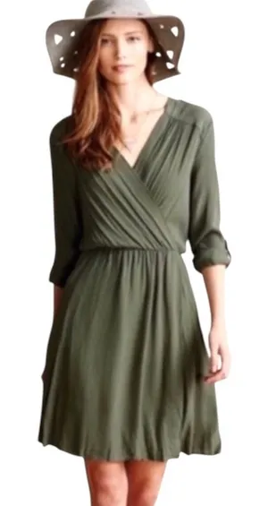 Maeve Anthropologie Dress Women XS Olive Green Faux Wrap Mini Preppy‎ Boho Retro thumbnail 1