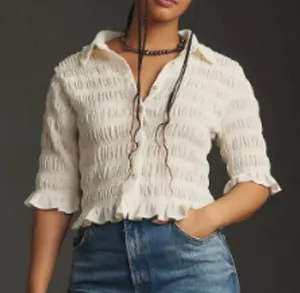 Anthropologie Maeve Smocked Button-Front Top Vanilla White Medium thumbnail 1