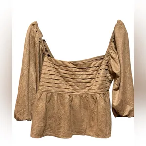 francesca's Miami Payton Faux Suede Pleated Blouse Brown‎ Sz L thumbnail 3